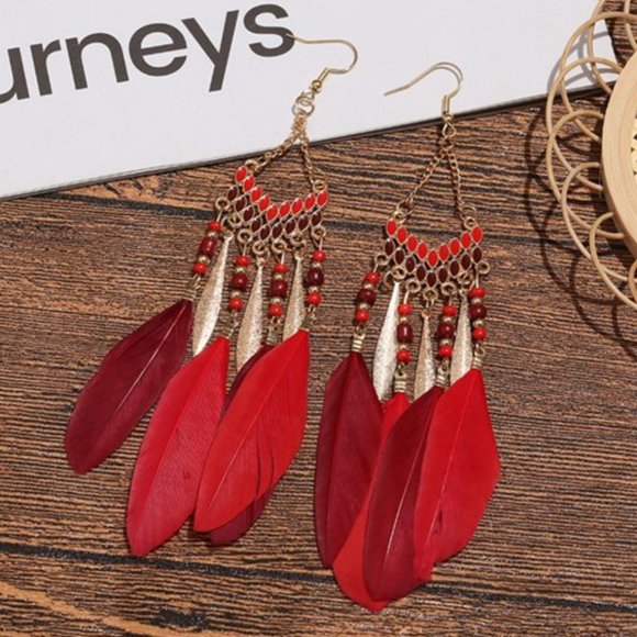 Bohemian Diamond Feather Dark Red Earrings - Picture 4 of 10